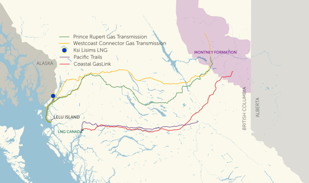 Map of routes for B.C. pipeline and resource projects: Prince Rupert Gas Transmission (green), Westcoast Connector Gas Transmission (yellow), Ksi Lisims LNG (blue), Pacific Trails (purple), Coastal GasLink (red).