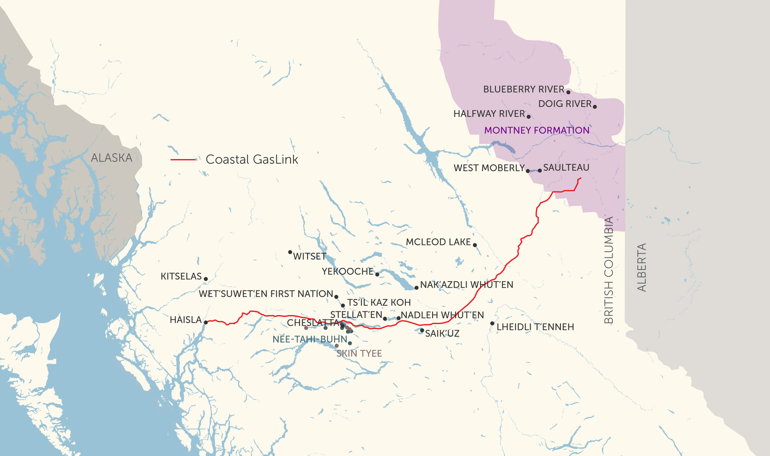 Map of TC Energy's Coastal GasLink pipeline route, and nearby First Nations.