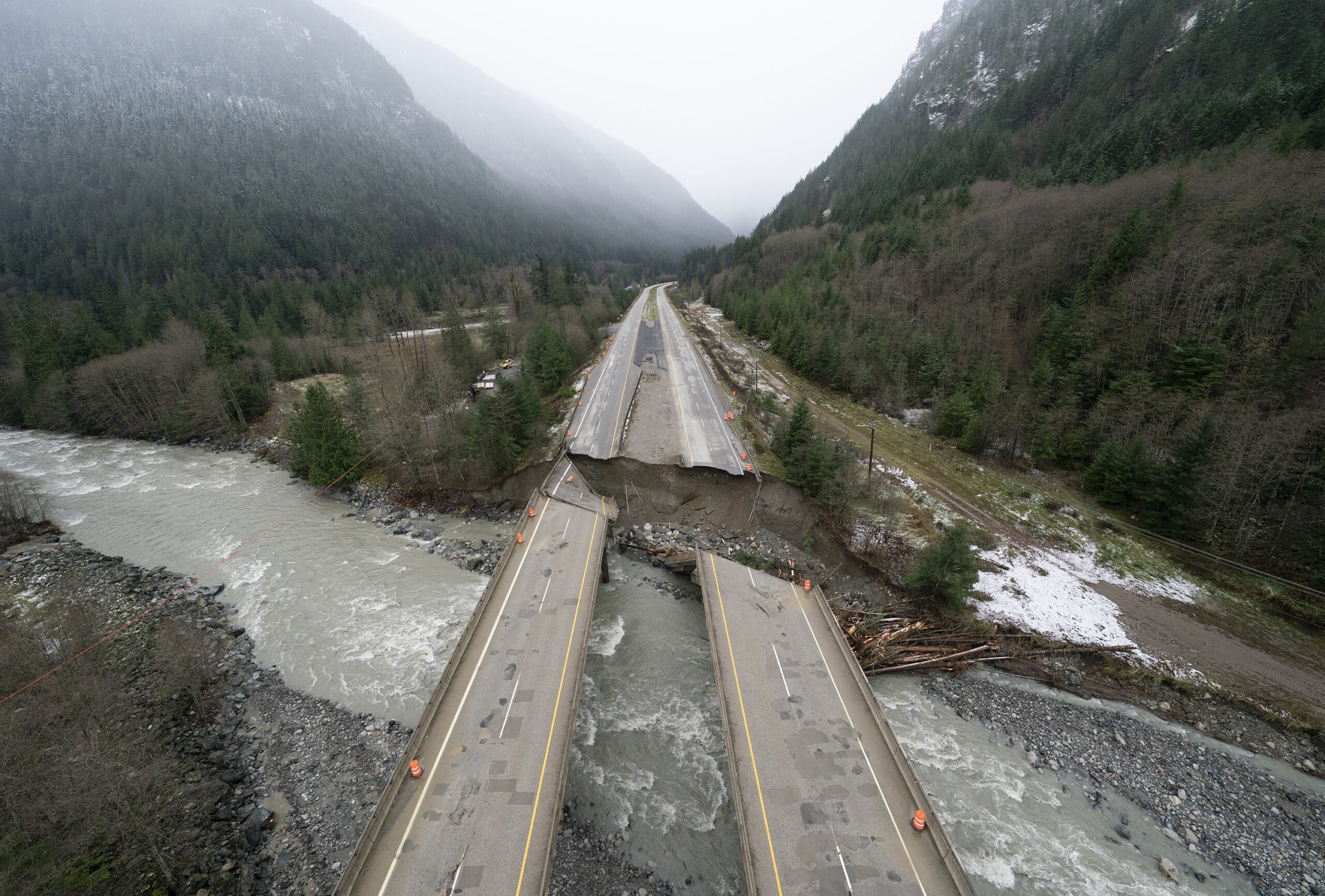 Aerial view of a section of highway in Interior B.C. damaged by floods after rain and mudslides in November 2021