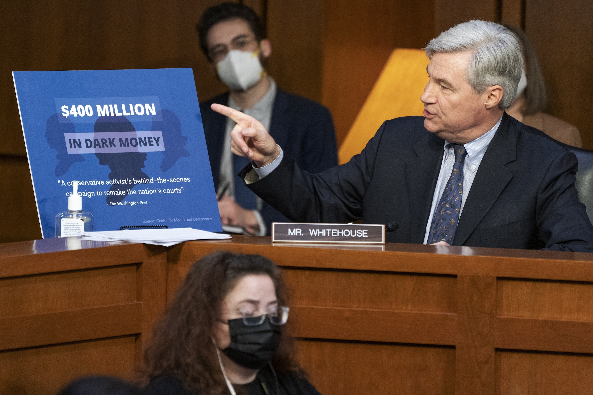 Sen. Sheldon Whitehouse, D-R.I., discusses “dark money” while speaking during the nomination hearing of Supreme Court nominee Ketanji Brown Jackson, Tuesday, March 22, 2022, to the Senate Judiciary Committee on Capitol Hill in Washington.