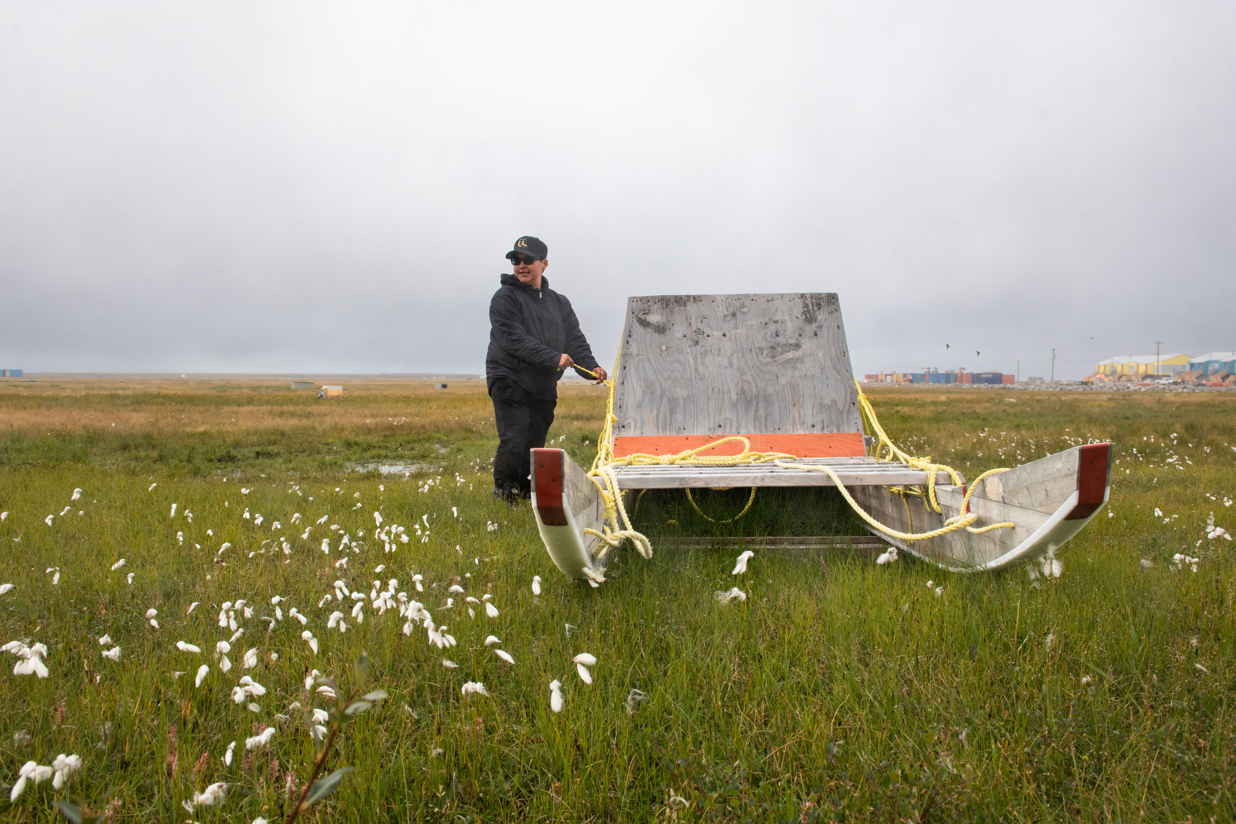 Irkok adjusts rope attached to a qamutik, a traditional wooden sled, in a field of cotton grass on the outskirts of Arviat.