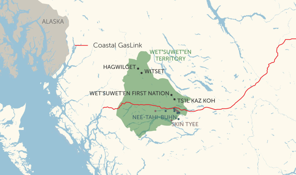 Map of Coastal GasLink pipeline as it intersects with Wet'suwet'en territory, and the six reserves on the territory, in northwestern B.C.