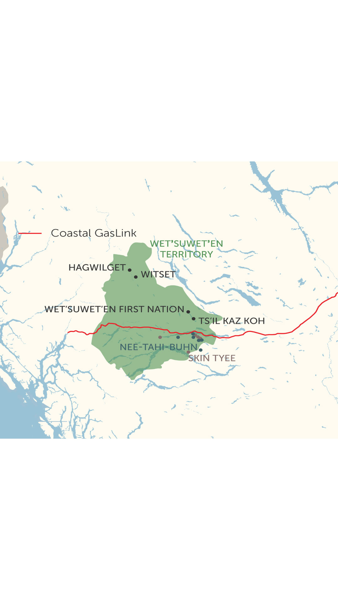 Map of Coastal GasLink pipeline as it intersects with Wet'suwet'en territory, and the six reserves on the territory, in northwestern B.C.