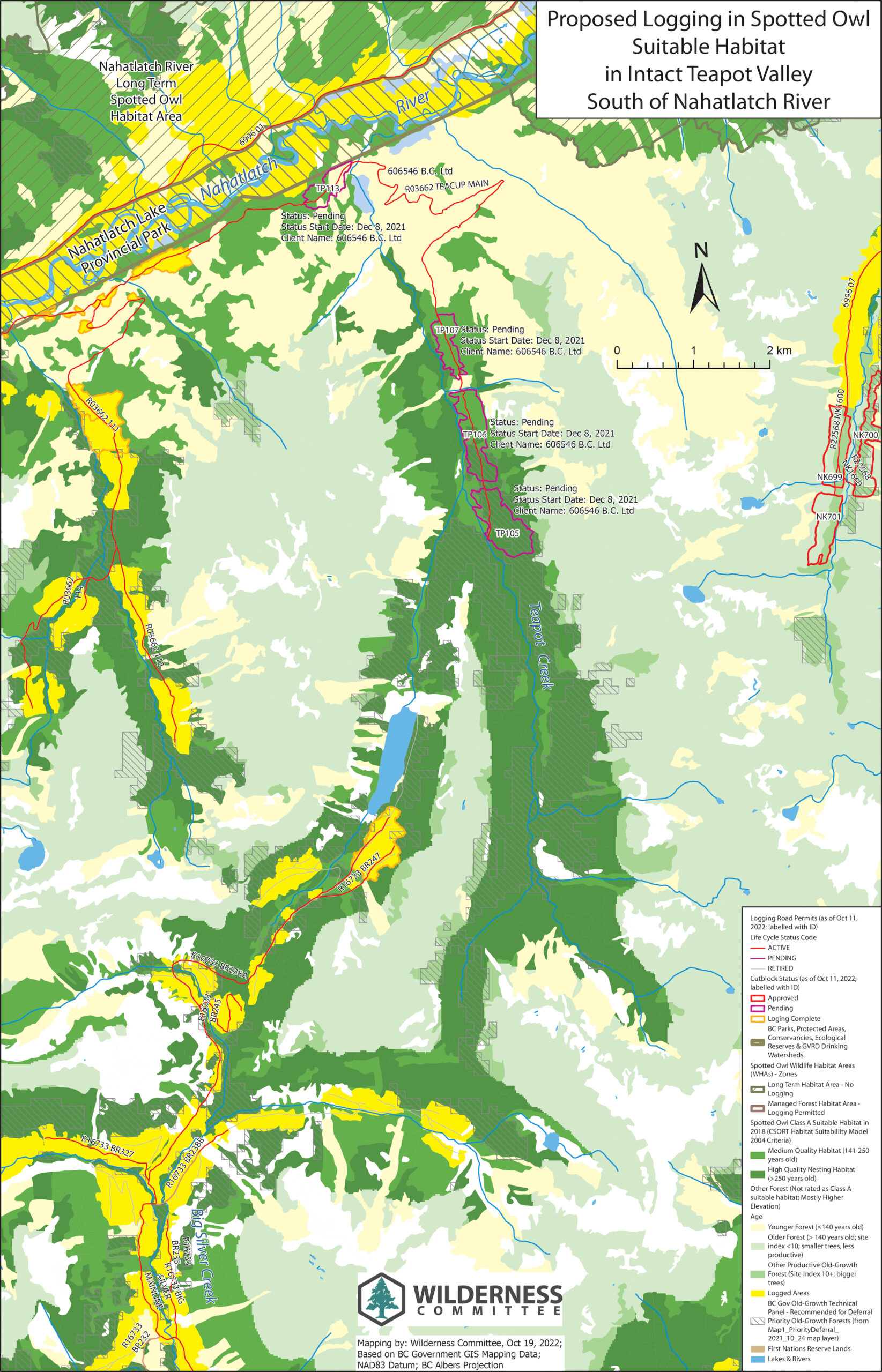 Map of proposed logging in suitable spotted owl habitat in B.C.'s Teapot Valley.