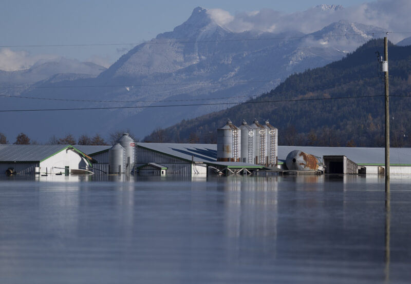 Flooded barns with mountains in the background