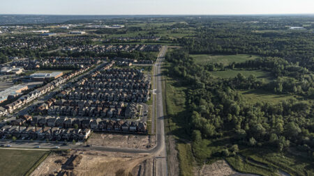 An aerial view of houses, a road, and fields and forest