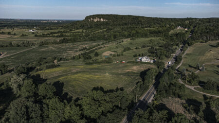 Farmland, rolling hills and the Niagara Escarpment from above