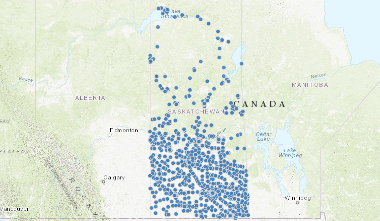 A map showing the number of known contaminated sites in Sasktchewan.
