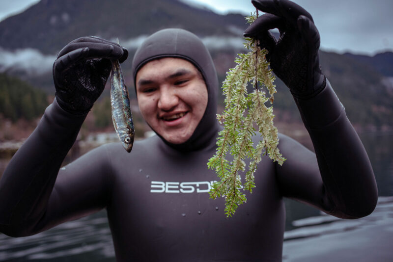 Person in wetsuit holds up herring and hemlock sprig