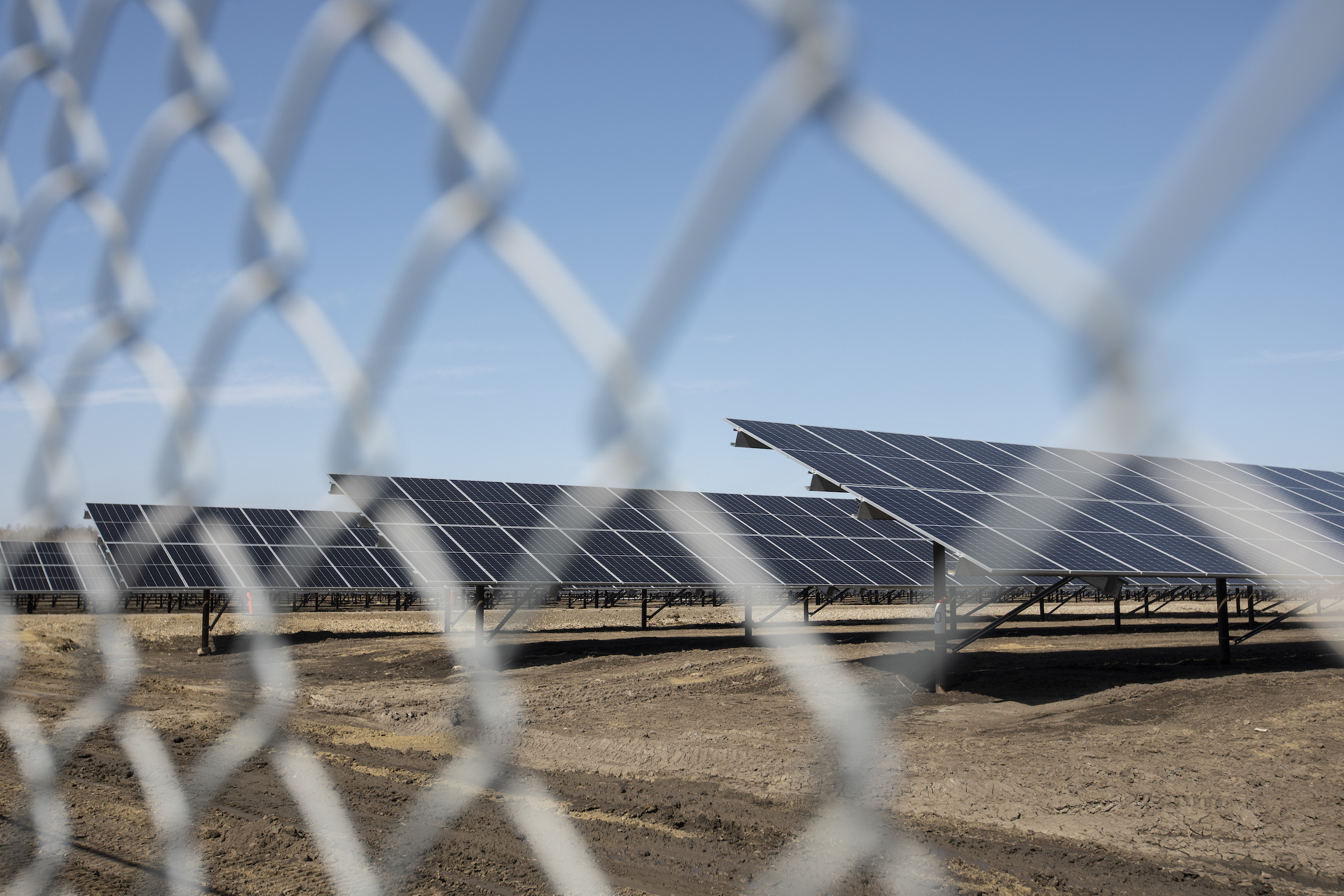 Alberta solar farm visible behind chain-link fence