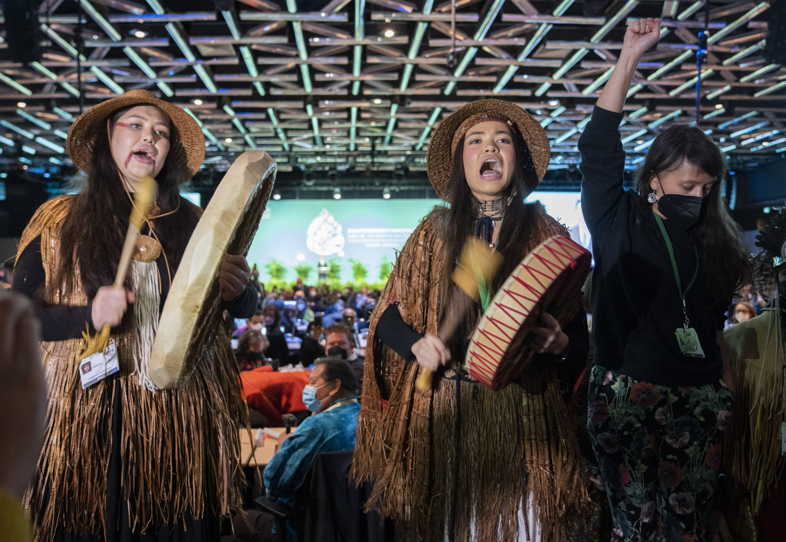 Ta'Kaiya Blaney, Sii-am Hamilton and other Indigenous youth interrupted a speech by Prime Minister Justin Trudeau during the opening ceremony of the COP15 UN conference on biodiversity in Montreal, on Tuesday, December 6, 2022. THE CANADIAN PRESS/Paul Chiasson