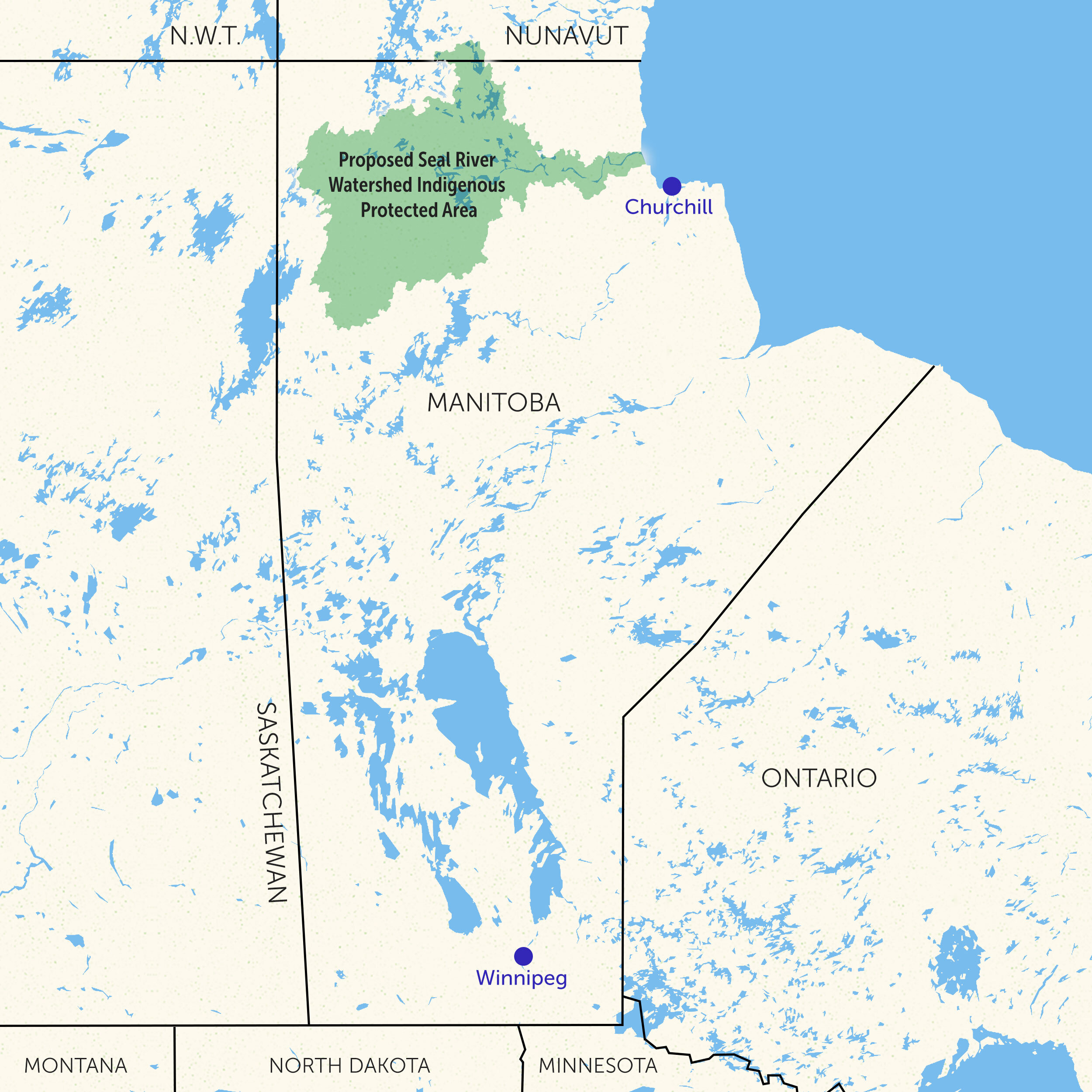A map showing the location of the proposed Seal River Watershed Indigenous Protected and Conserved Area (IPCA) in northern Manitoba.