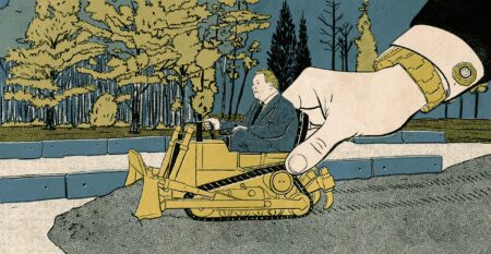An illustration of Doug Ford on a bulldozer being steered by a giant hand.