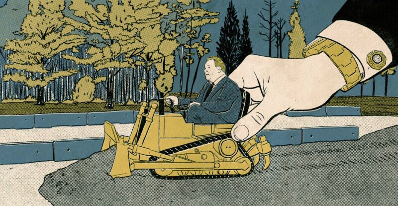 An illustration of Doug Ford on a bulldozer being steered by a giant hand.