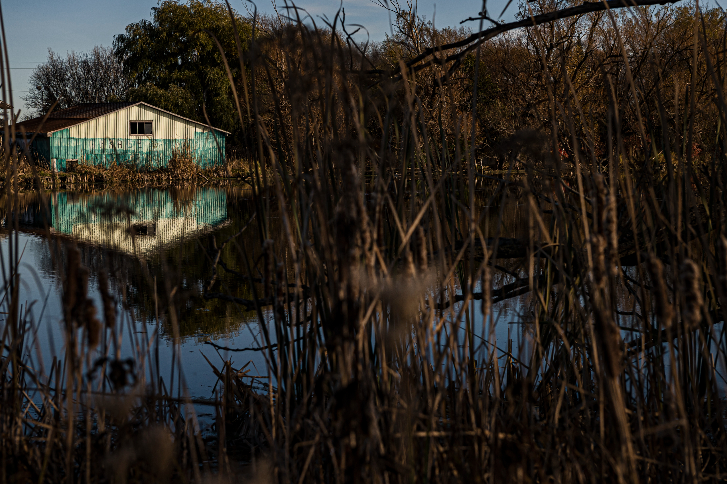A building on the Holland River seen through reeds