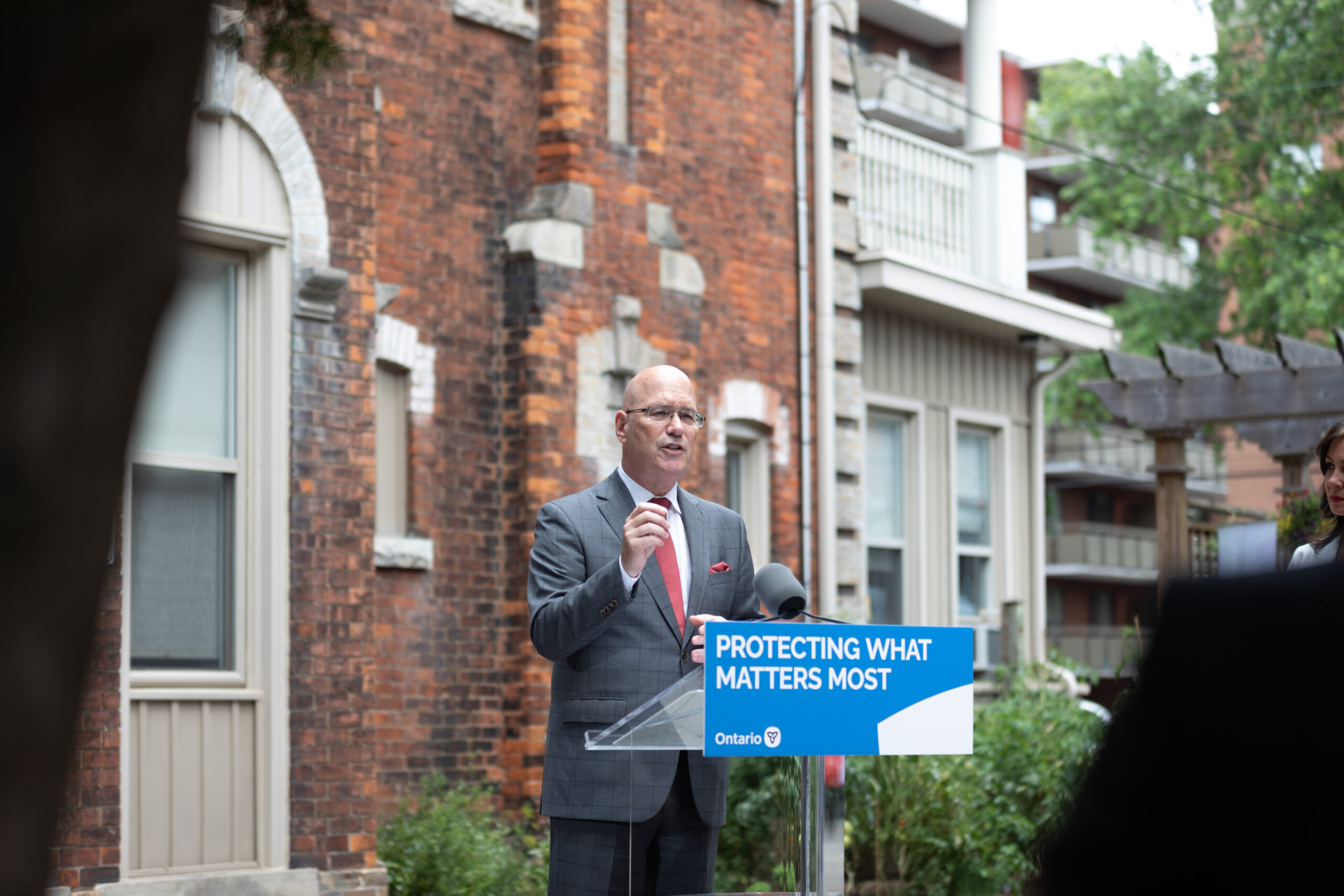 Municipal Affairs and Housing Minister Steve Clark speaks at an event. Clark didn't consult Indigenous communities on the Ontario housing bill (Bill 23).