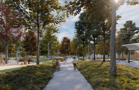 A rendering of the proposed Warehouse Park in downtown Edmonton shows walking paths, trees and seating