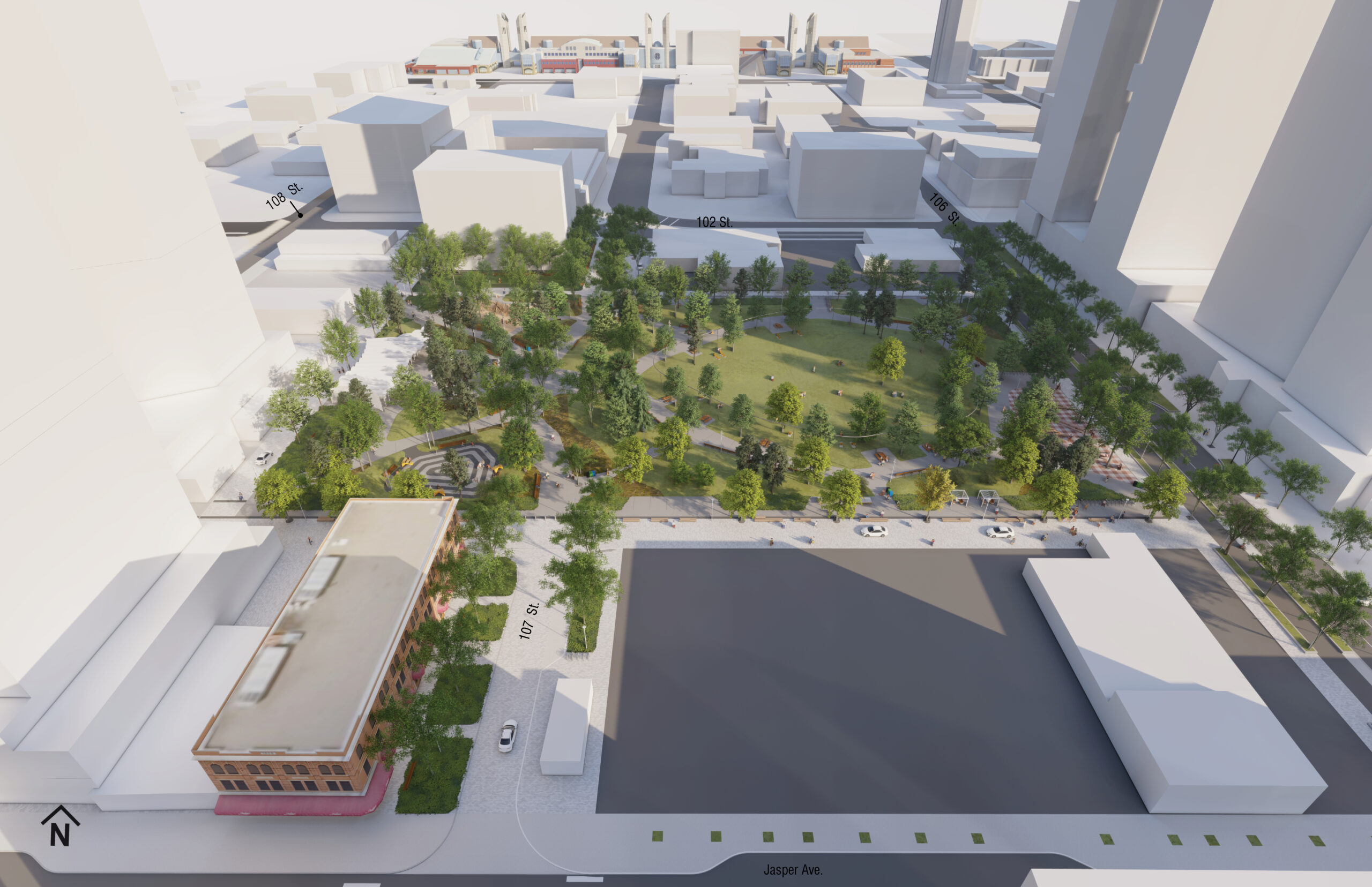 A rendering shows the vision for downtown Edmonton's warehouse park, which converts parking lots to a large central greenspace