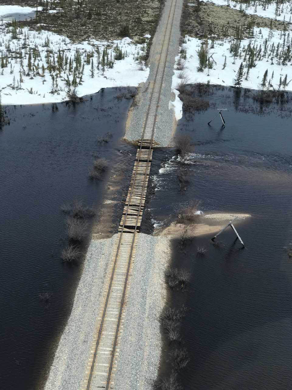 Aerial view of the Hudson Bay railway washed out by floods in 2017