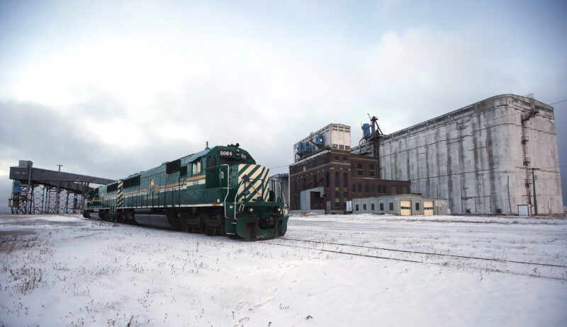 Via rail train sits outside the Port of Churchill in winter
