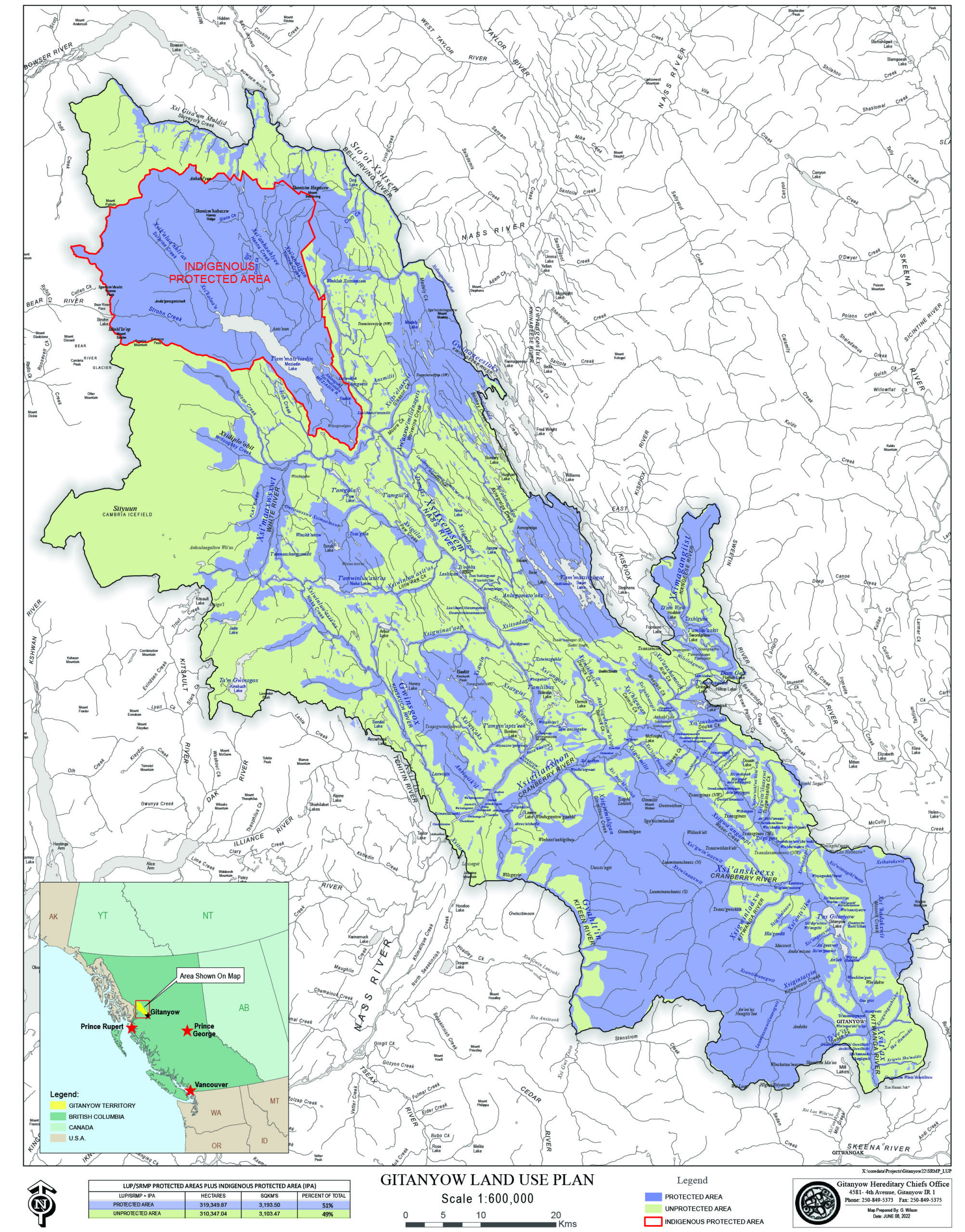 Gitanyow Land Use Plan map showing protected and unprotected areas