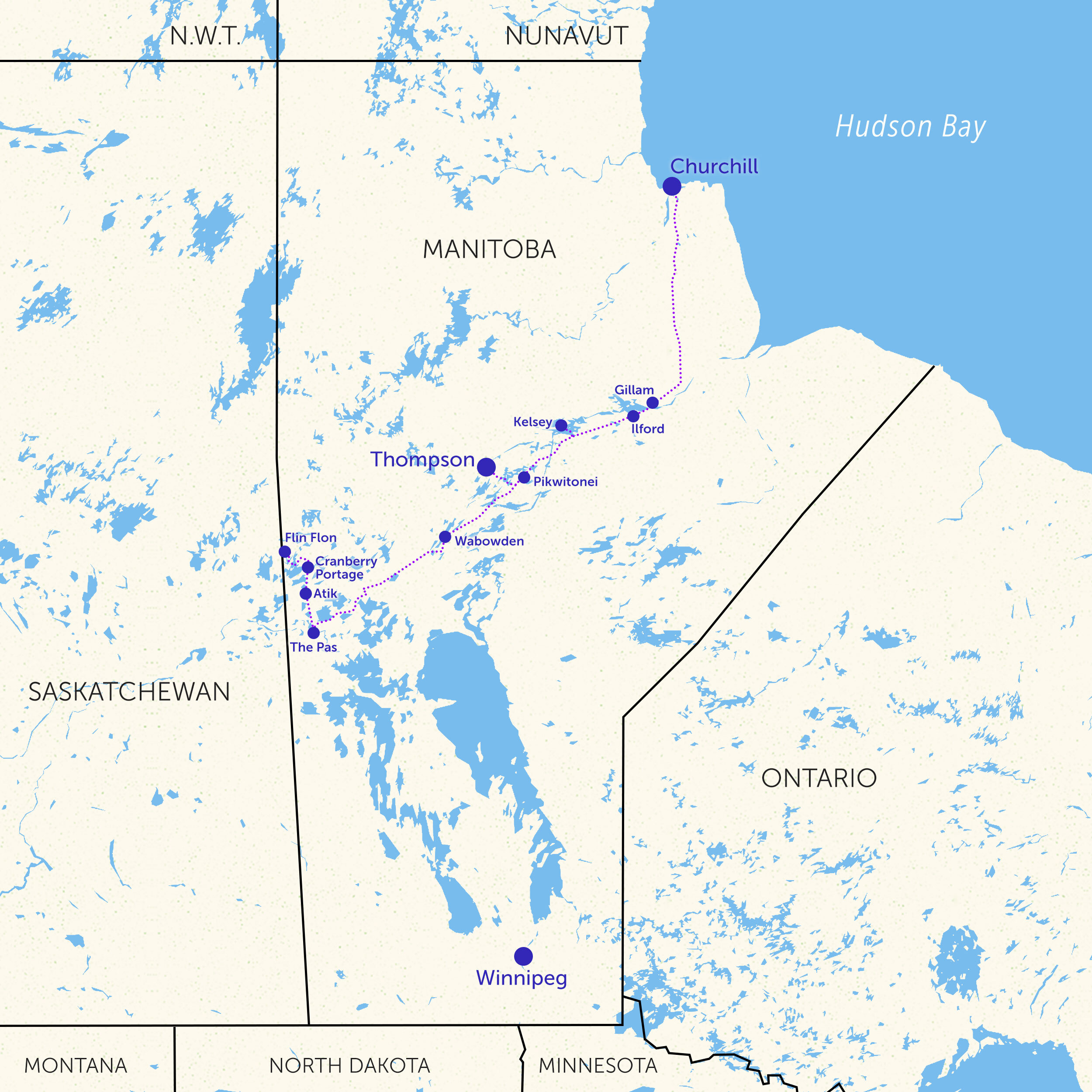 Illustrated map depicting the Hudson Bay Railway in northern Manitoba, ending at the town of Churchill