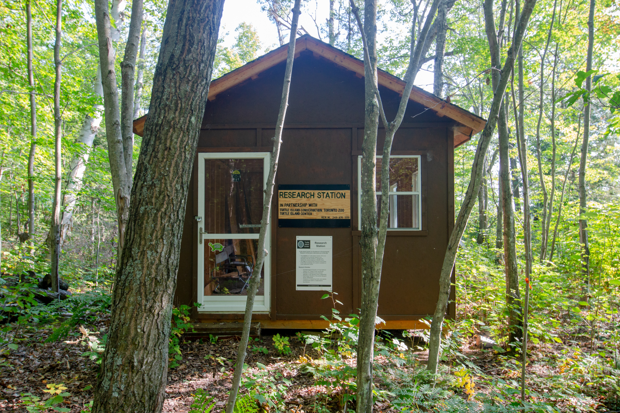 A small cabin in the forest with a sign on it, reading "Research station"