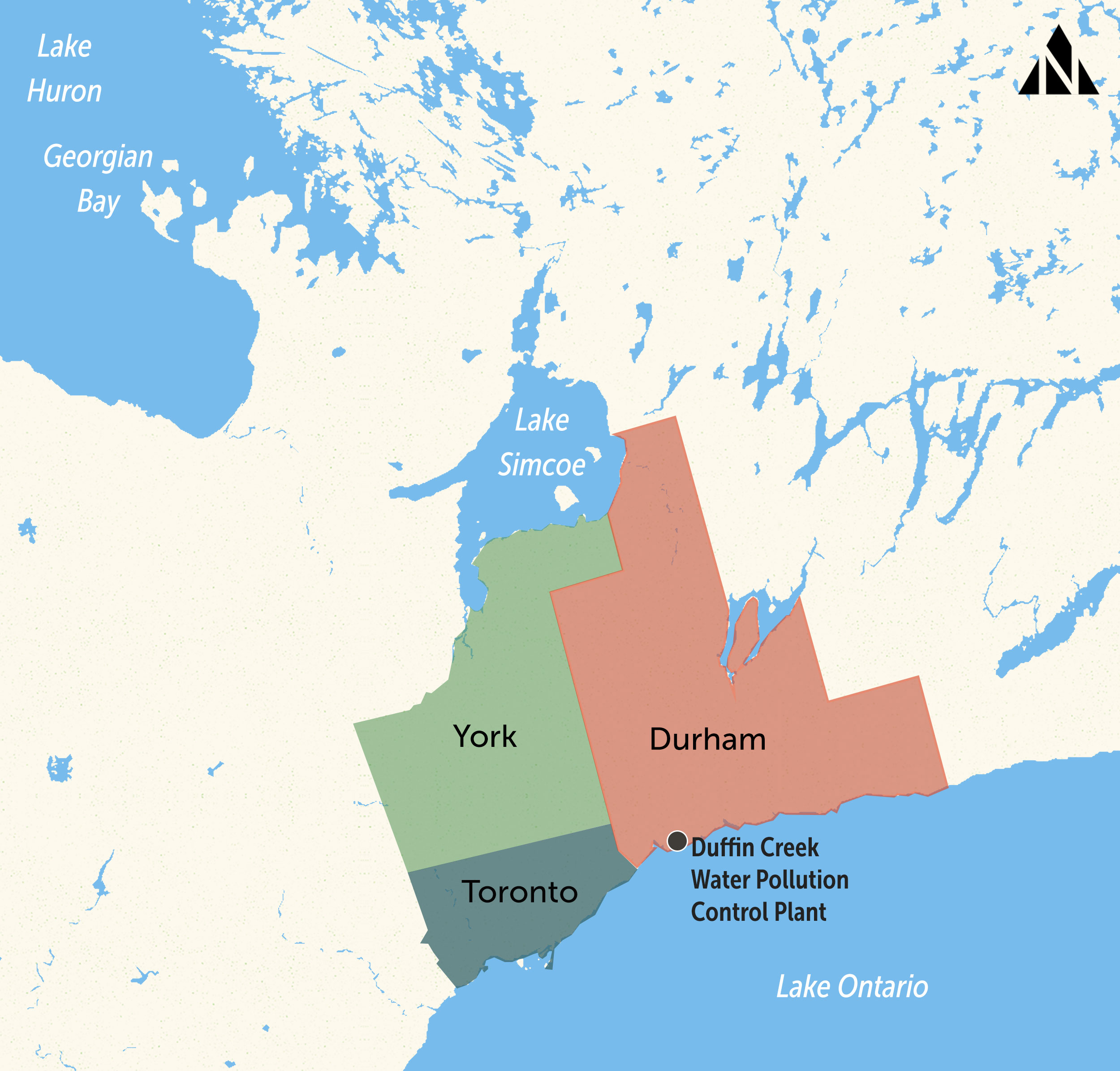 Map showing location of Duffin Creek Water Pollution Control Plant as well as York, Durham, and Toronto.