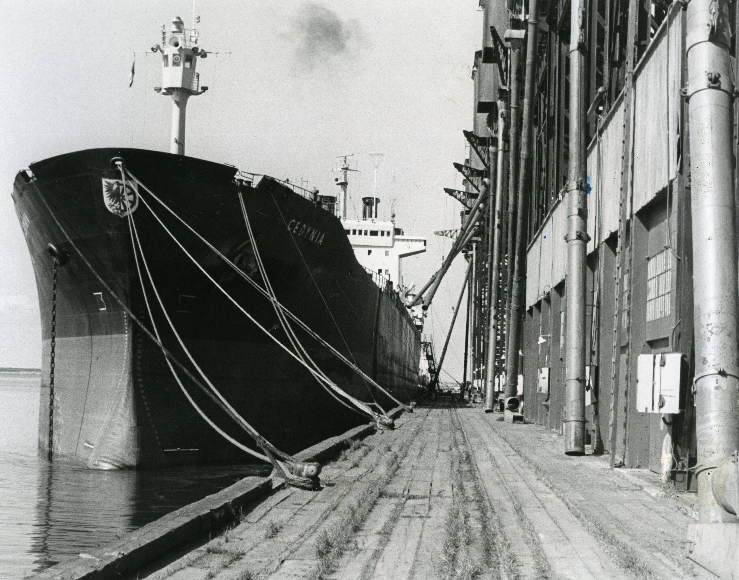 A ship at the Port of Churchill prepares for a load of grain in 1978