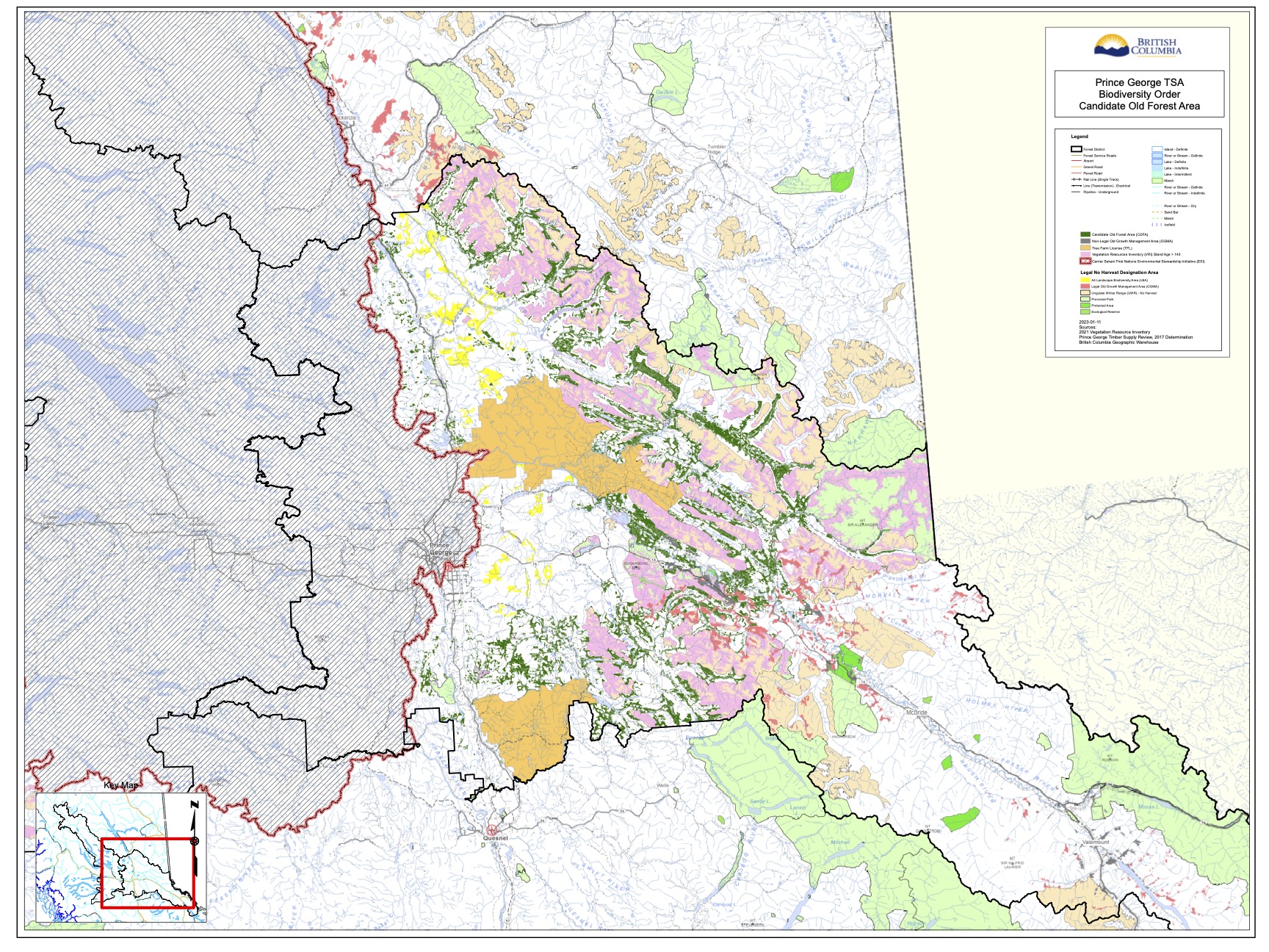 A new map showing old frest retention areas in the Prince George timber supply area