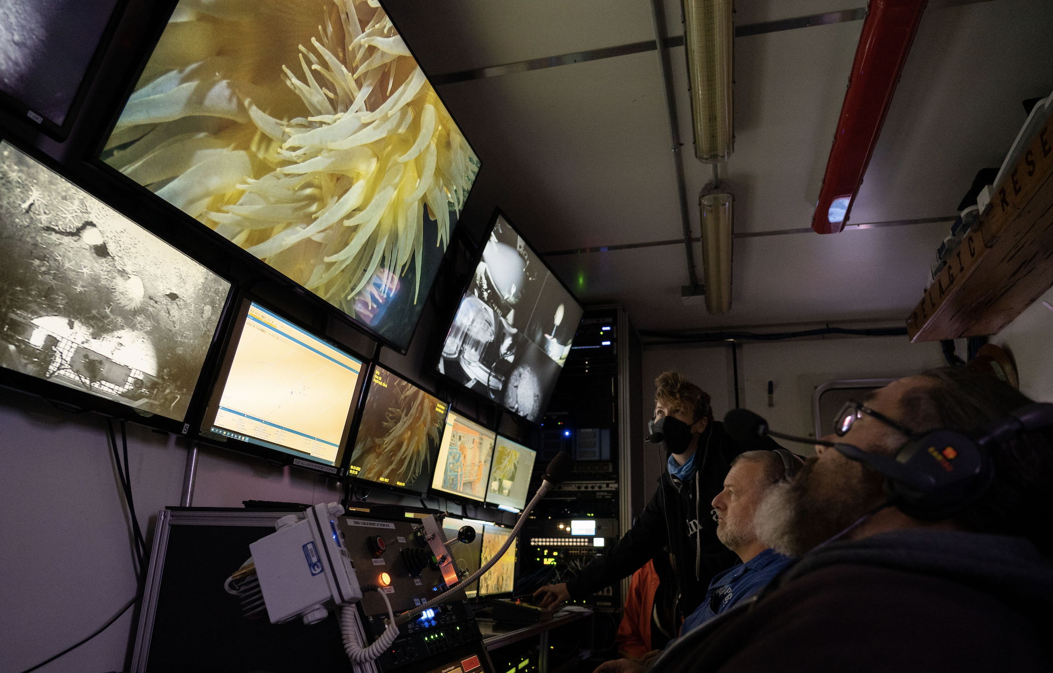 The crew aboard the John P. Tully research ship watch dive monitors, collecting images and data.