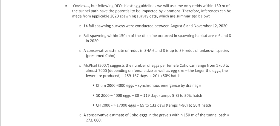 An email from a Coastal GasLink contractor to Fisheries and Oceans Canada details how the company estimated the number of salmon eggs  in spawning beds within 150 metres of a tunnel under Wedzin Kwa (Morice River).