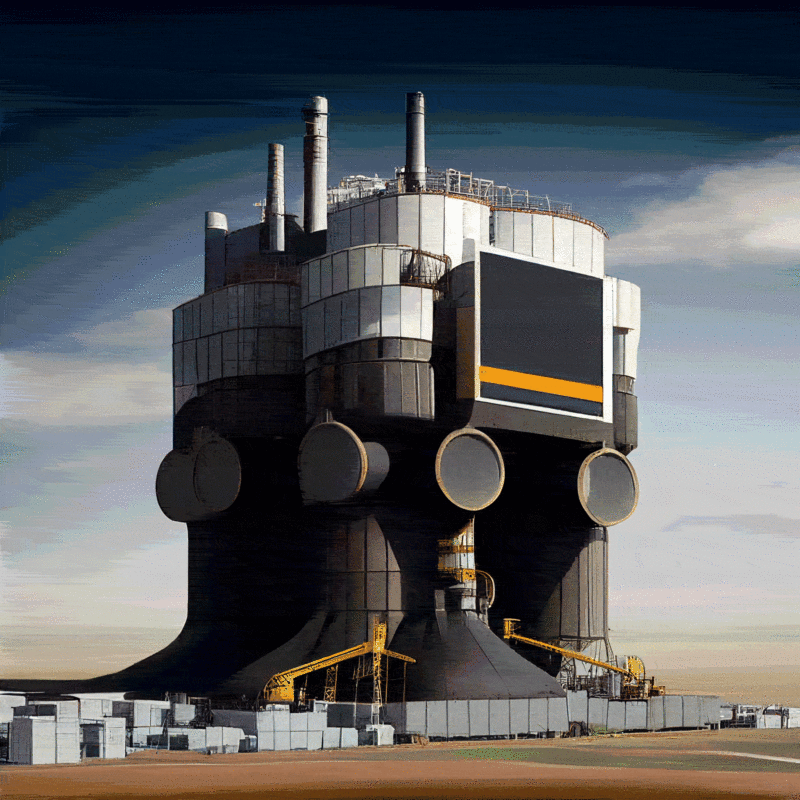 Three illustrated futuristic-looking industrial facilities set against a cloudy sky. The images were made by Midjourney AI.