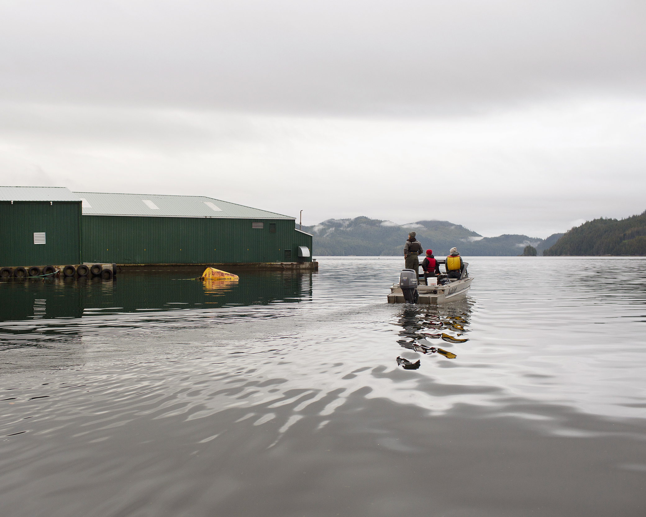 Researchers on a boat approach a green building, a salmon farm