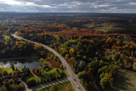 A gif of four people photojournalism fellow Katherine Cheng talked to along with two aerial shots of the proposed route of Highway 413.