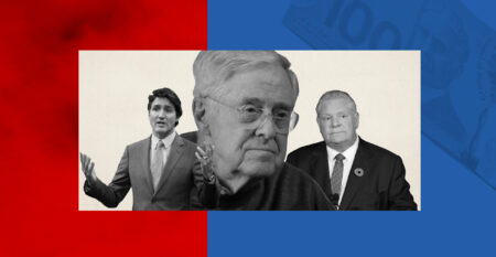 Photo illustration of Charles Koch, Justin Trudeau and Doug Ford.