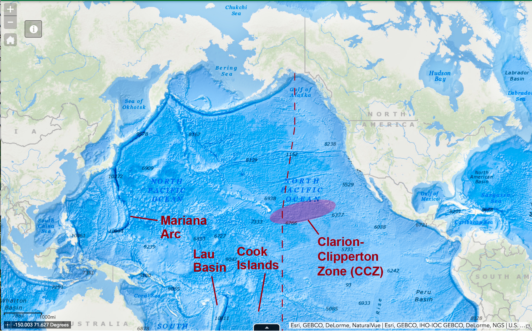 A map of the Pacific Ocean showing the location of the Clarion-Clipperton Zone, an area deep sea mining companies are interested as a source of polymetallic nodules
