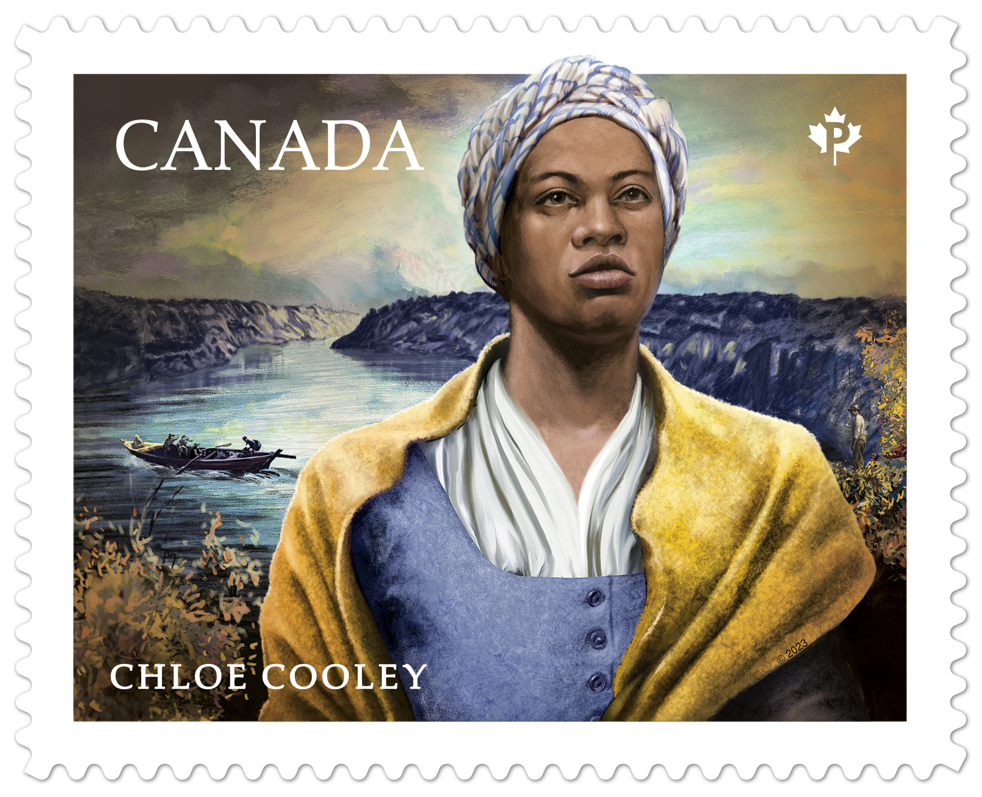 Chloe Cooley's resistance to being sold across the Niagara River is the subject of Canada Post’s 2023 Black History Month stamp. Illustration: Rick Jacobson / Canada Post