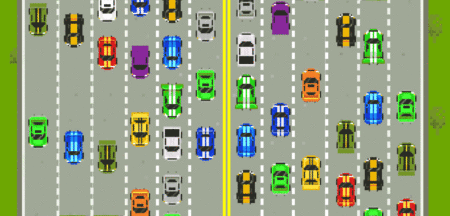 8-bit art of cars driving on a twelve lane highway.
