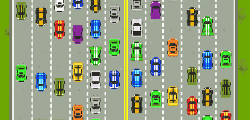 8-bit art of cars driving on a twelve lane highway.