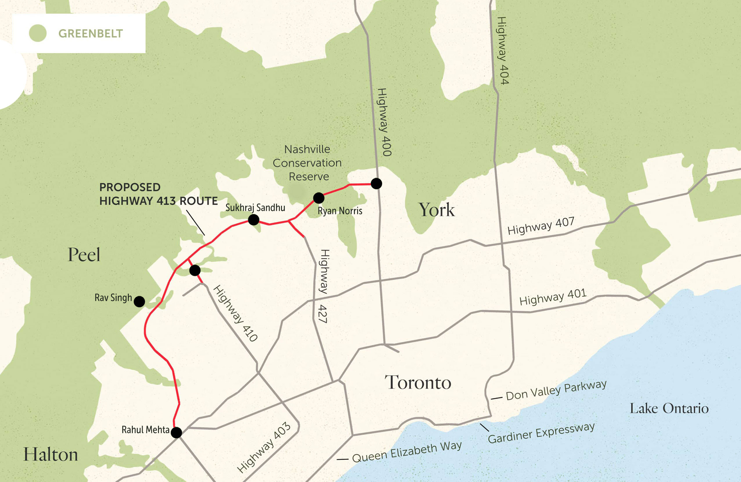 Map of the proposed routes of Highway 413 with the locations of the photos identified.