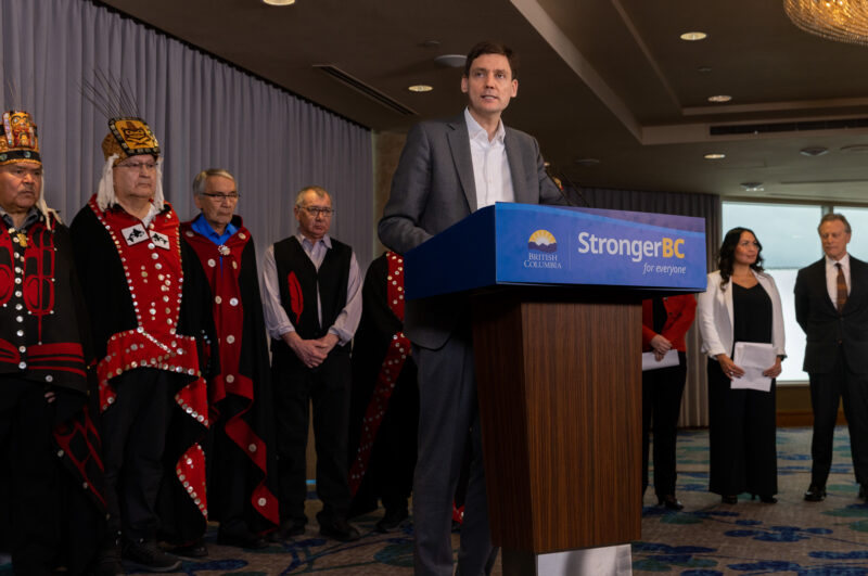 B.C. Premier David Eby announces approval of Cedar LNG project at a press conference with members of the Haisla Nation behind