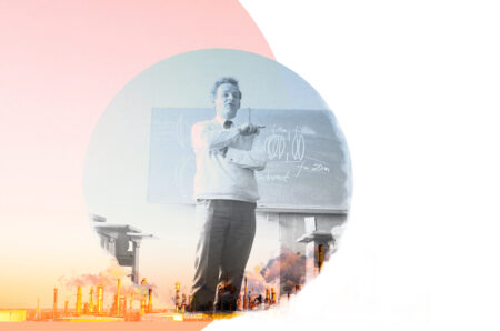 An illustration with a historic photo of a teacher overlaid next to the oilsands. An Alberta teachers' association hosted a conference in February 2023 that featured a speaker from the Pathways Alliance lobbying group.