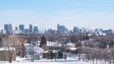 The Winnipeg skyline in winter with power lines and trees in the foreground and city buildings in the background