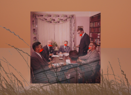 A photo illustration containing a historic image of men in a boardroom with red blotches covering their mouths