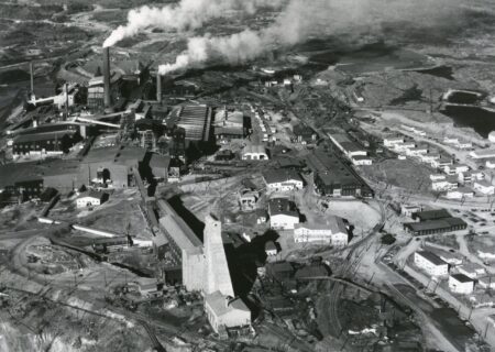 Aerial view of Hudson Bay mining metallurgical plants in Flin Flon, Manitoba
