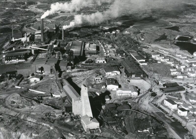 Aerial view of Hudson Bay mining metallurgical plants in Flin Flon, Manitoba