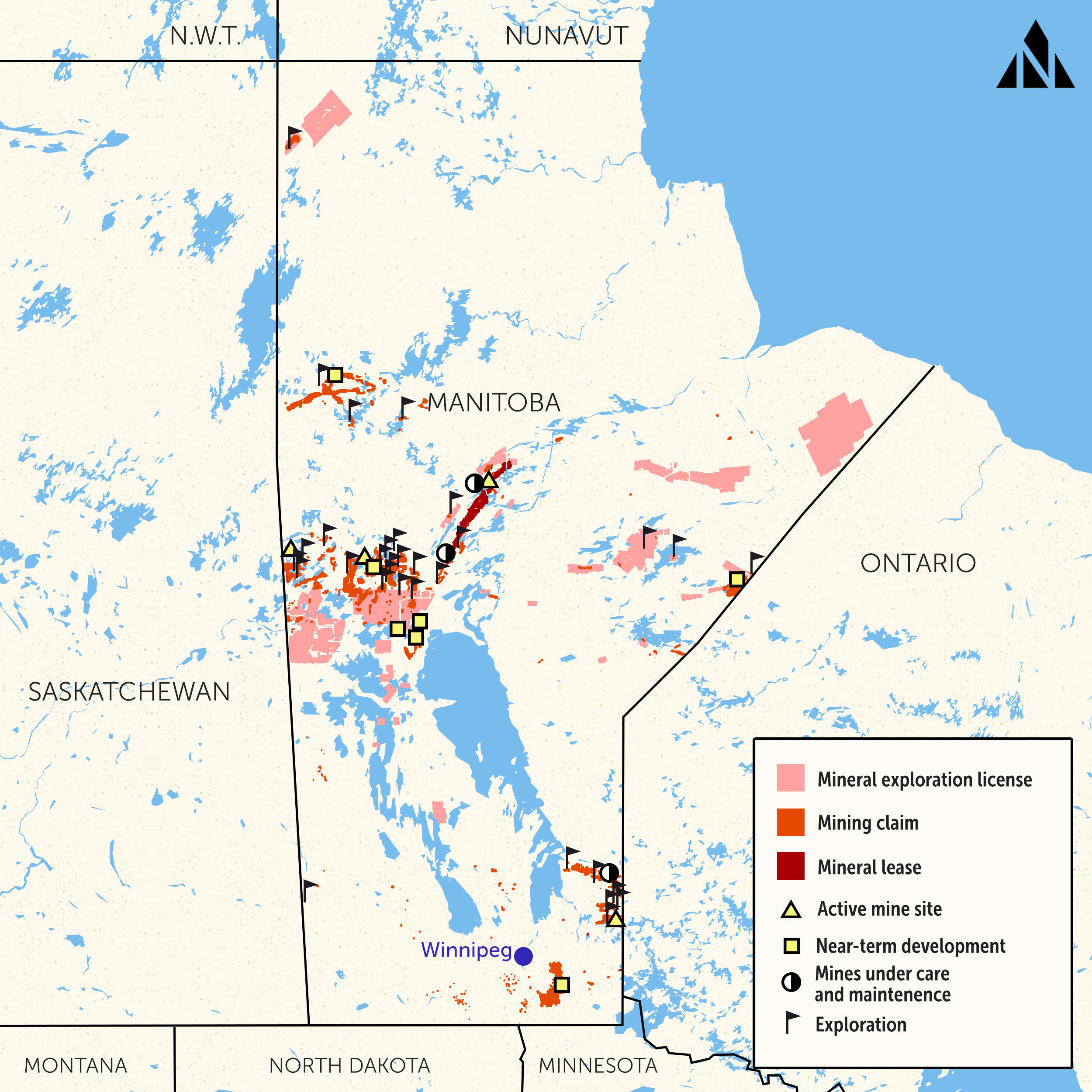 Map showing Manitoba landforms with markers for mines, leases and exploration