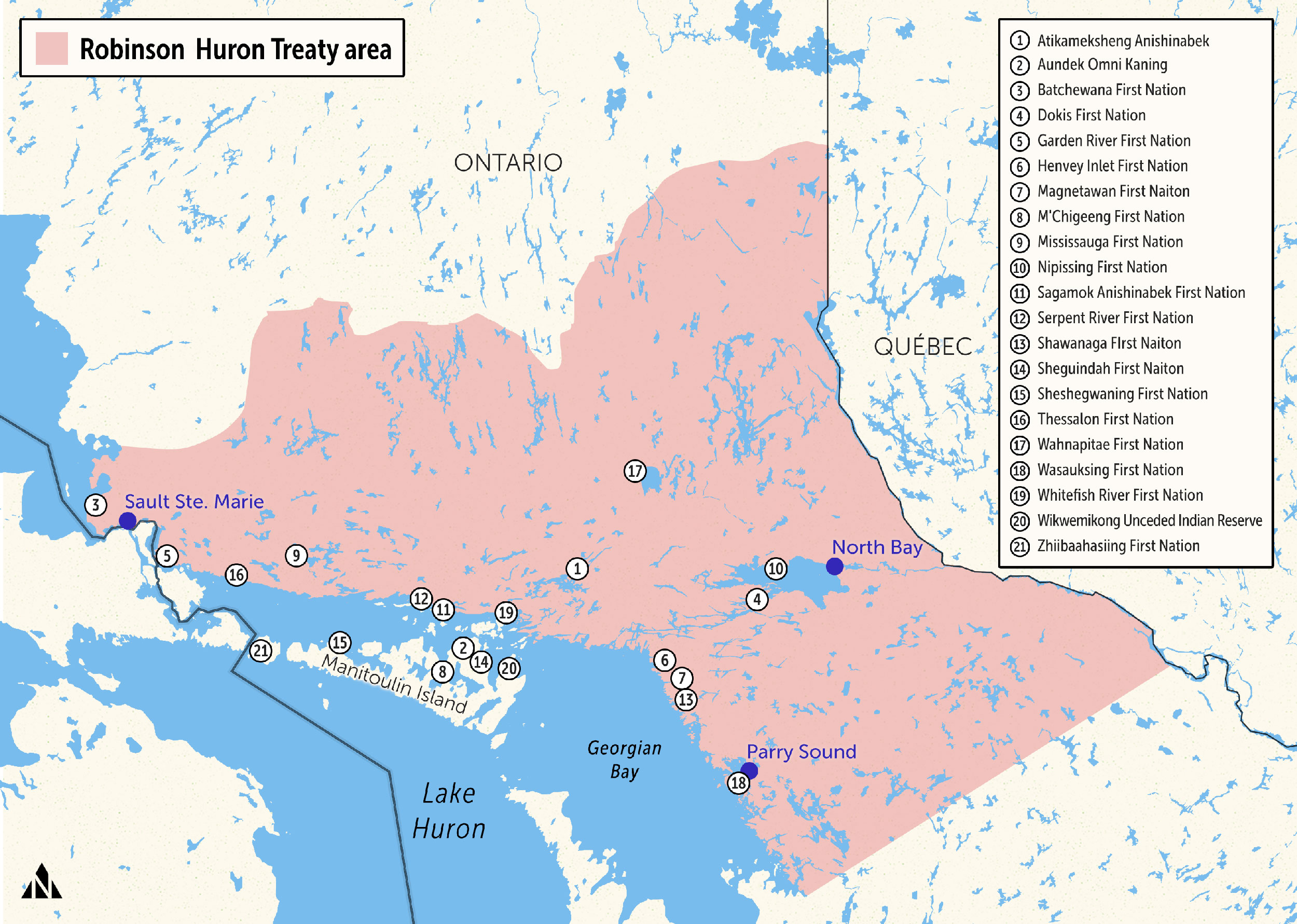 The Robinson Huron Treaty area stretches from Parry Sound to Sudbury, and North Bay to Sault Ste Marie along the shores of Lake Huron. First Nations signatories are asking courts to make the provincial and federal government honour a unique note in the treaty that said annual payments would increase alongside resource extraction revenues.