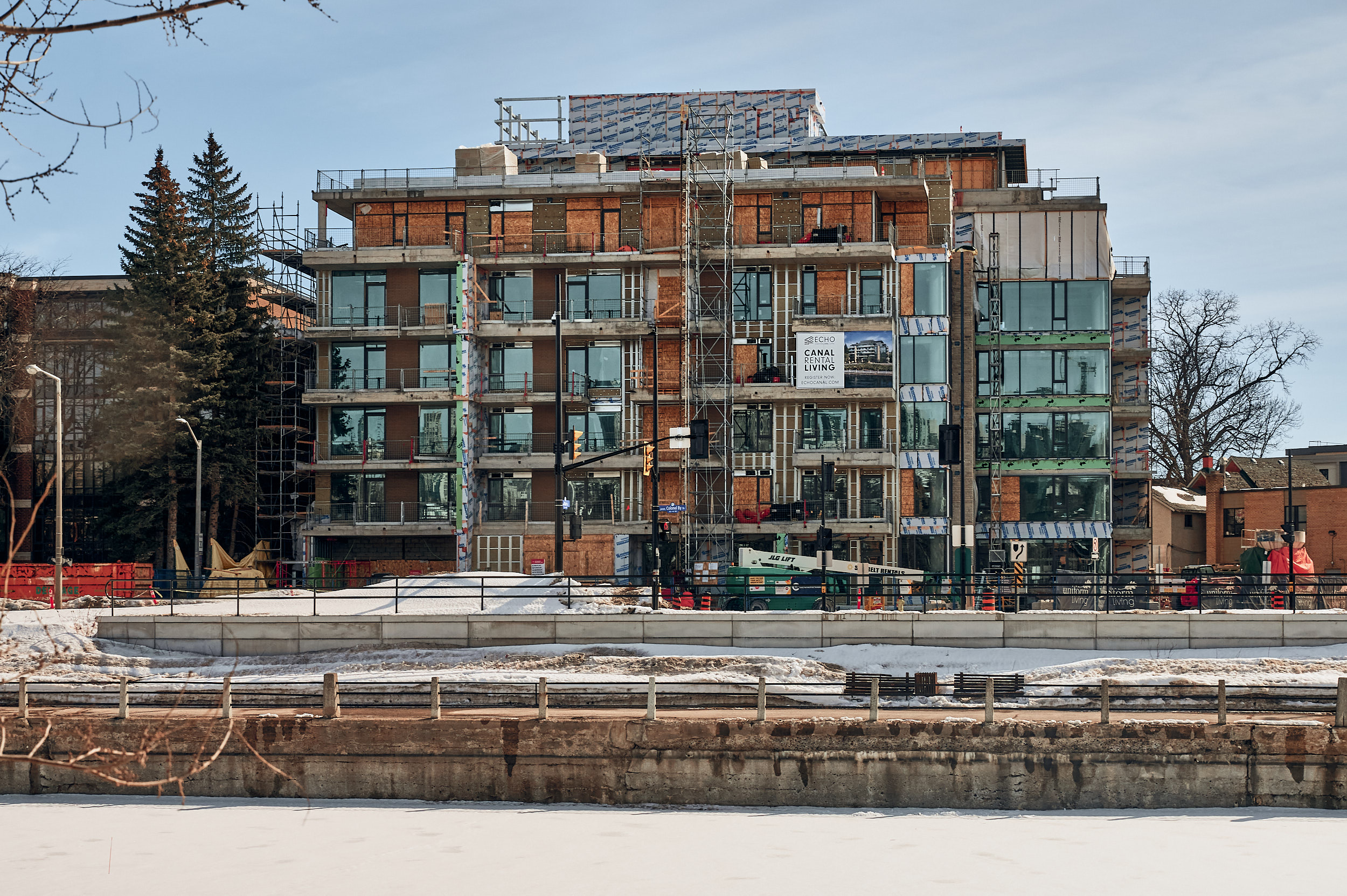 Echo Condo Building overlooking the Rideau Canal, with the tagline "Canal Rental Living" with a selling point of "The Rideau Canal offers a year-round opportunity to remain active and connected to the outdoors."